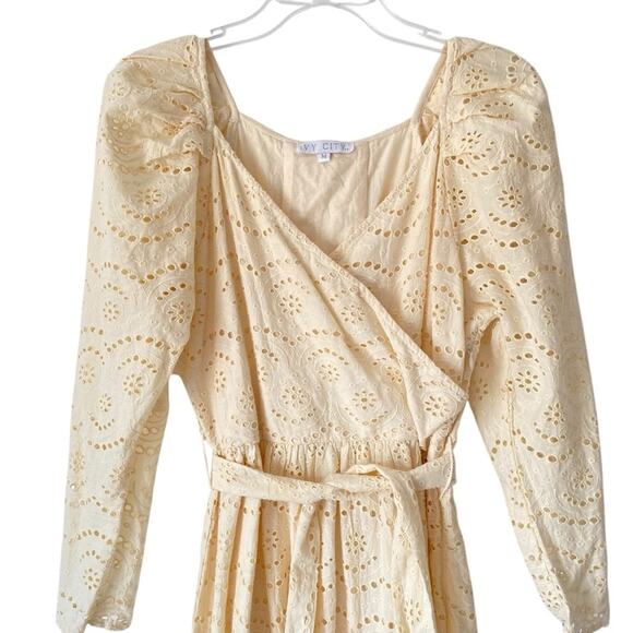 Ivy City Co Cream Ivory Eyelet Belted Maxi Dress size medium Bohemian - Picture 4 of 12